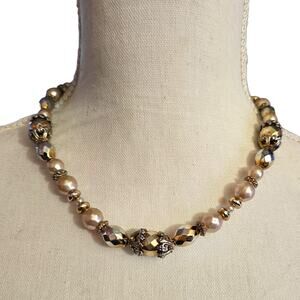 Necklace Vintage Pink Faceted Beads Gold Silver Tone Choker 17" SKU2385